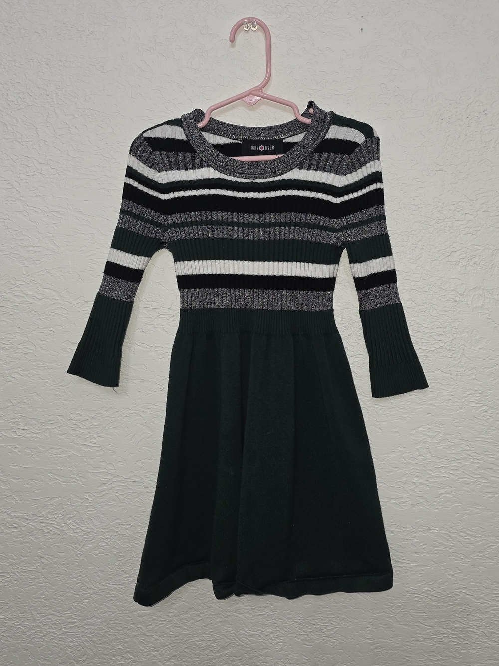 Amy Byer Girls' Green, Black & Gray Striped Knit Dress SIZE 6